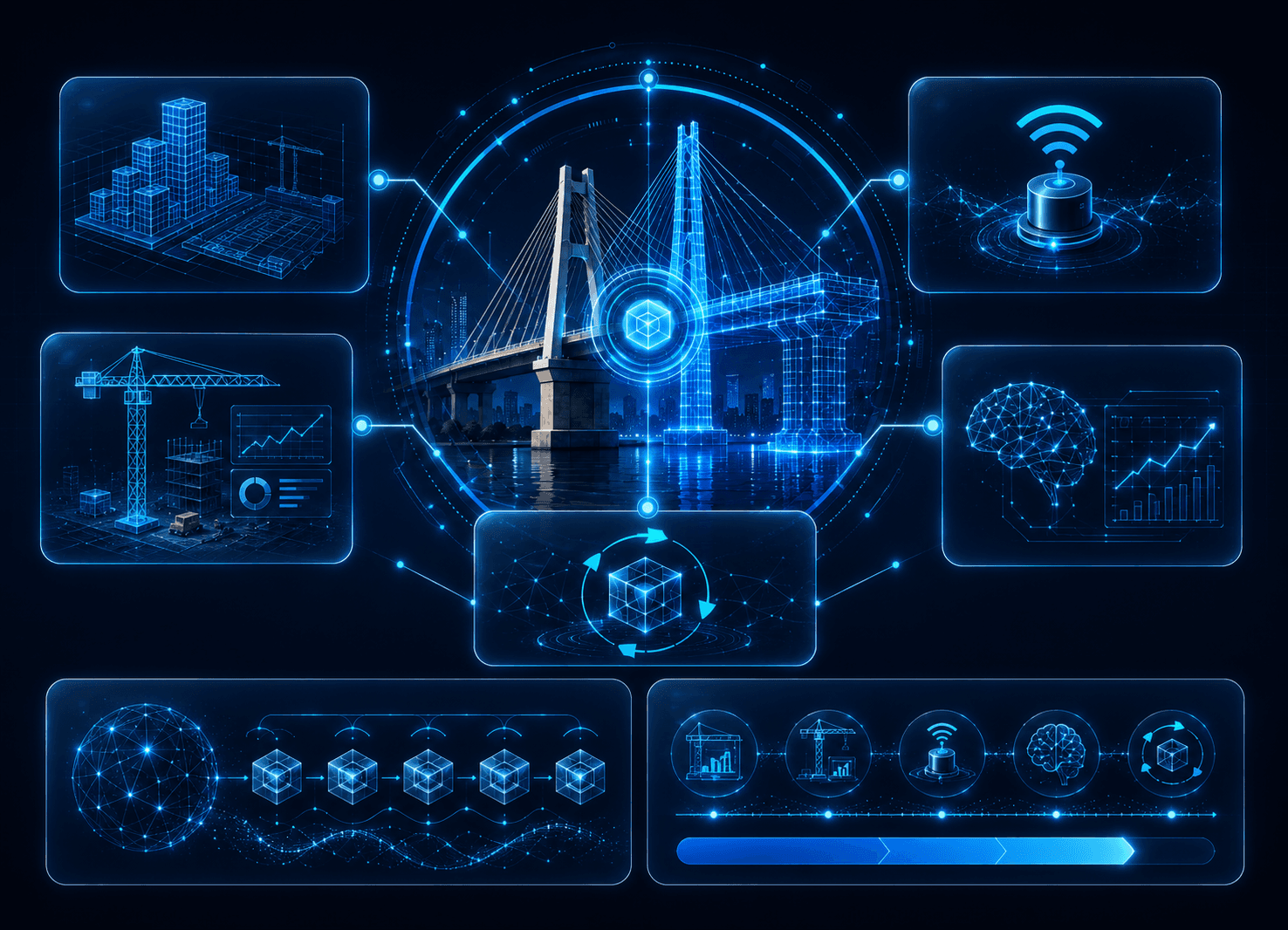 Visual summary of modular Digital Twin capabilities across design, construction, monitoring, prediction, and autonomous operation